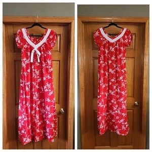 CALABASH CUZZINS Hawaiian 60s Maxi Dress Muumuu Red Floral Split Sleeve Bow 10 - Picture 1 of 7