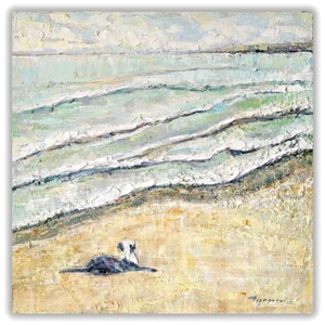 Original Oil Painting Dog Beach Seascape Art Textured Canvas Coastal Decor - Picture 1 of 11