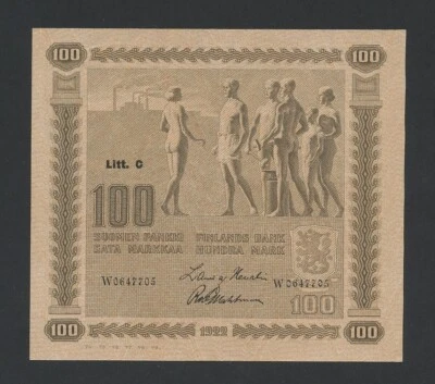 FINLAND 100 markkaa 1922 Litt C Krause 65 Banknotes - Image 1 of 2
