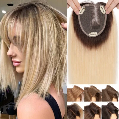 100% Real Human Hair Piece Topper Clip in Top Toupee Hairpiece Women Side Part - Image 1 of 4