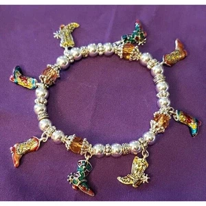 Colorful Western Boot Charm Stretch Bracelet, Yellow & Silver Tone Beads, New - Picture 1 of 8
