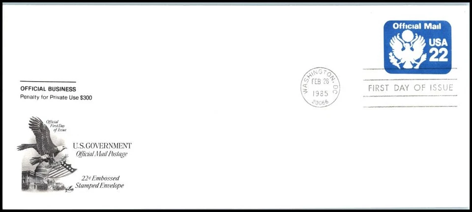 1985 Official Mail 22c stationery entire Sc UO74 ArtCraft FDC eagle & shield - Image 1 of 1
