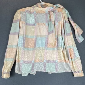 VTG Jerri Sherman 100% Silk Blouse Sz 8 Pastel Tie Neck Long Sleeve Retro 80s - Picture 1 of 14