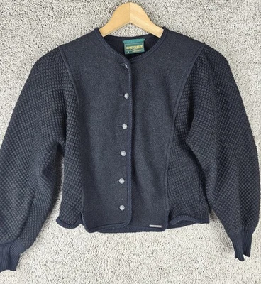 VTG Geiger Austria Puffy Shoulder Black Wool Metal Button Sweater Cardigan SZ 36 - Image 1 of 4