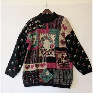 Vintage 90s Dana Scott Patchwork Knit Grandma Sweater Floral Heart Pullover Large - Bild 1 von 7