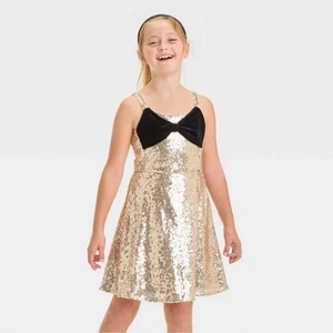 Girls Sleeveless Gold Sequin Skater Velvet Bow Dress - Cat & Jack - Size: 8 Med - Picture 1 of 9