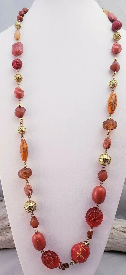 Robert Rose Red Orange Carved Lucite Mixed Beaded Filigree Gold Tone Necklace - Image 1 of 4