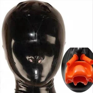 Black Latex Hood w/ Teeth Gag & Nasal Tubes Back Zipper Rubber Mask Fetish BDSM - Picture 1 of 5