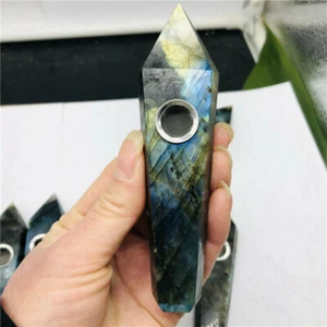 Natural Labradorite Obelisk Quartz Crystal Gem Point Wand Smoking Pipe Carb Hole - Picture 1 of 13