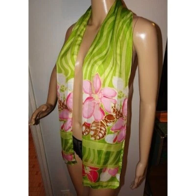 Vintage Green & Pink Floral Scarf tropical boho neck scarf pinup retro - Image 1 of 4