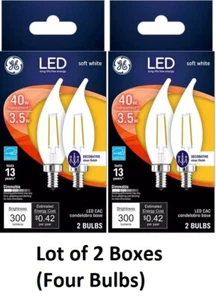 2 packs of 2 bulbs GE LED 3.5W 40W soft white LED CAC 300 lumens bent tip - Picture 1 of 7