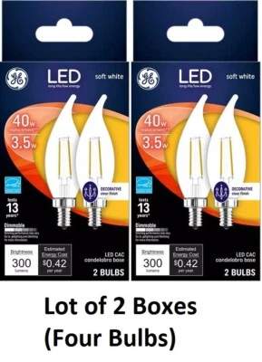 2 packs of 2 bulbs GE LED 3.5W 40W soft white LED CAC 300 lumens bent tip - Image 1 of 4