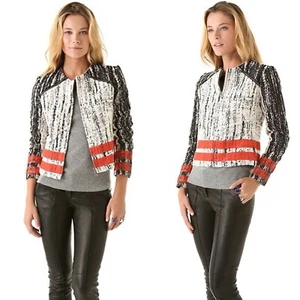 Parker Tweed Boucle Designer Full Tevolve ZipUp Jacket Black White Stripe XS - Picture 1 of 6