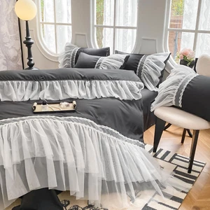 Lace Ruffled Duvet Cover Set, Black Chic Bedding with Cute Bow, Kids Twin Prince - Picture 1 of 12