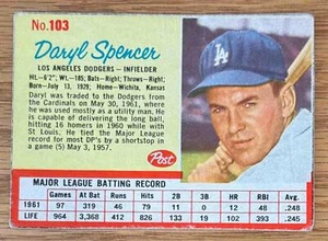Daryl Spencer 1962 post cereal #103 Los Angeles Dodgers - Imagen 1 de 1
