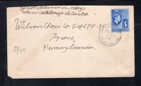 British Virgin Islands 1939 Road Town to PA franked 2 1/2p George VI, Scott 80 Cover