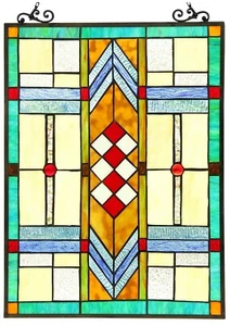 Pannello finestra in vetro colorato stile Tiffany 25" x 17,5" missione luminosa con catena - Foto 1 di 5