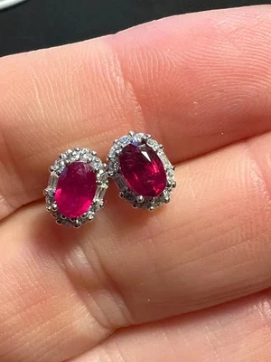 Oval Cut 4.40 Ct Natural Red Ruby & Diamond Earring Stud Solid 14K White Gold - Image 1 of 4