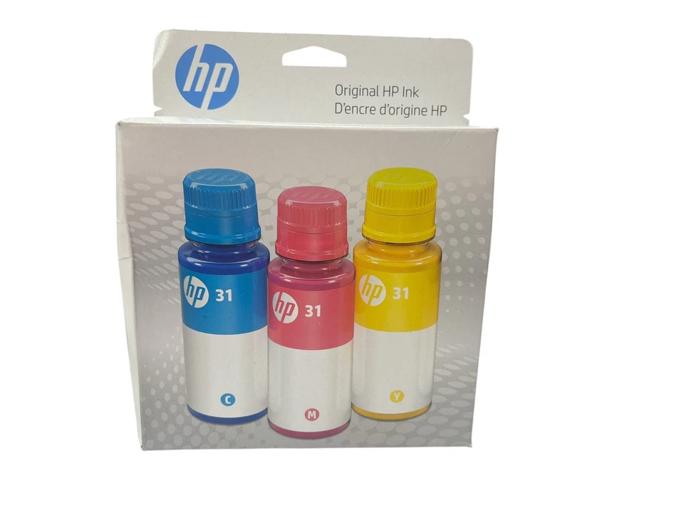 Genuine HP 31 3-Pack Cyan, Magenta, Yellow Ink Bottles 9C228AN EXP 9/25 - Image 1 of 3