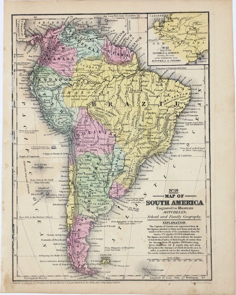 Карта 1852 ЮЖНАЯ АМЕРИКА ОРИГИНАЛ (10,5 X 7,5) МИТЧЕЛЛ - БРАЗИЛИЯ - ПАТАГОНИЯ - ПЕРУ - Изображение 1 из 3