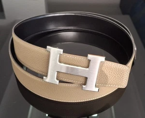 Cintura Uomo Reverse Hermès Nera E Grigio Tortora,120cmx3.8 Cm,Fibbia argentata - Imagen 1 de 9