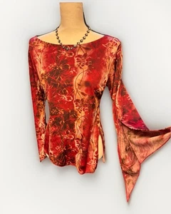 Y2K Vanity rot Blumen Stretch Top Taschentuch Glockenärmel Schlitz Witchy L - Bild 1 von 4