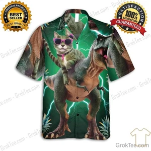 Cool Dinosauro Hawaiano Camicia, Gatto Equitazione T-Rex Stampa Ananas Unisex dalla S alla 5XL - Foto 1 di 8