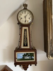 Antike New Haven Banjo Uhr umgekehrt bemaltes Glas von Mt Vernon komplett restauriert - Bild 1 von 13