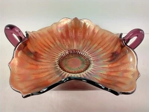 Fenton Stippled Rays Amethyst Carnival Glass Handled Bon Bon Dish - Picture 1 of 11