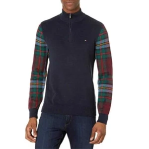 Tommy Hilfiger Pullover Herren Small Navy Karo Ärmel Half Zip Baumwollpullover Neu mit Etikett - Bild 1 von 5