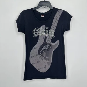 Vintage Skin shirt Womens L Black Guitar Graphic Tee Rhinestone Rock Music USA - Picture 1 of 9