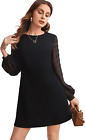 Women'S Elegant Mesh Contrast Long Sleeve a Line Mini Short Dress Black S