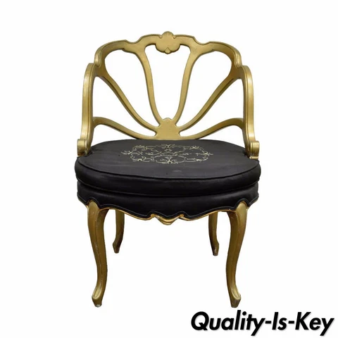 Vintage French Hollywood Regency Slipper Accent Chair Gold Shell Carved Boudoir Cover