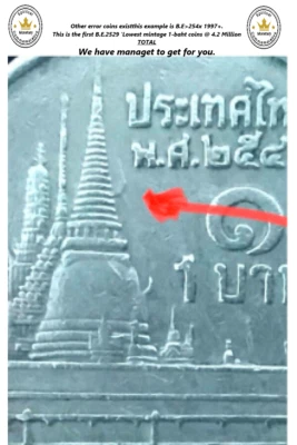 Thailand 1 Baht BE2529 ERROR/MTO Rare Extra Gable on Jedi, Short Apex 2529 Lot - Image 1 of 4