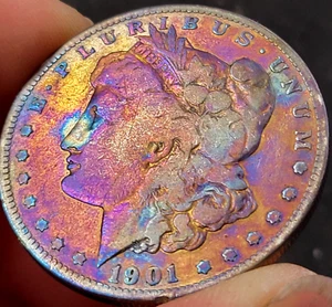 1901-S MORGAN SILVER DOLLAR RAINBOW TONING XF KEY DATE GEN RARE - Picture 1 of 2