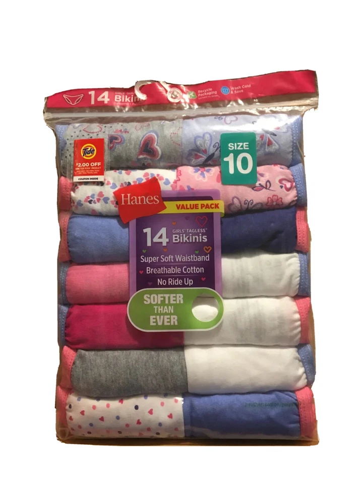 Hanes Girls Bikinis Youth Size 14 Tagless Assorted Colors Cotton Underwear 14pk