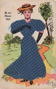 VINTAGE NOVELTY POSTCARD LADY IN ADD ON POLKA DOT CLOTH DRESS 1907 050824 T - Imagen 1 de 2