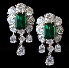 Flower Emerald Diamond Simulated Dangle Drop Deco Earrings 14k White Gold Silver