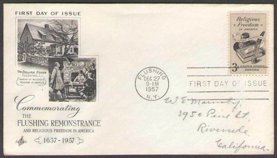US. 1099. 3c. Religious Freedom Issue. Artcraft FDC. 1957 - Image 1 of 1