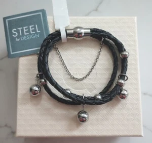 Steel By Design Black Cowhide Leather Triple Strap Bracelet Magnetic Clasp QVC - Picture 1 of 7