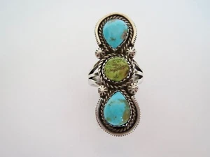 Beautiful Sterling Silver Blue & Green TURQUOISE 3 Stone RING Size 6.5 to 6.75 - Picture 1 of 10