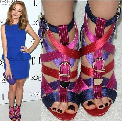 Sandalias Brian Atwood con tiras multicolor satinado hebilla talla 10. Como nuevo Foto 1 de 4