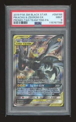 Pikachu & Zekrom GX SM168 Tag Team Sun & Moon Promo Holo Card PSA 9 - Image 1 of 2