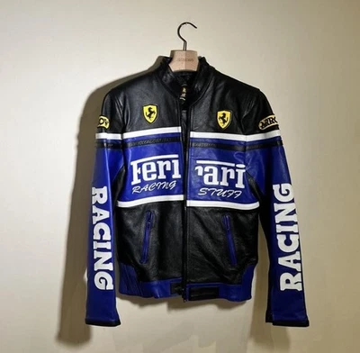 Ferrari F1 Racing Black Blue Leather Jacket Embroidered Unisex Streetwear Jacket - Image 1 of 3