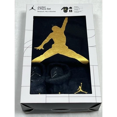 Nike Bebé Jordan Manga Larga Body Sombrero Botines Conjunto de 3 piezas Negro Dorado 0-6 Meses Foto 1 de 3