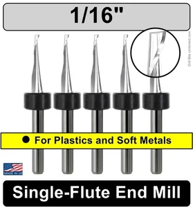 5x 1/16" 1-Flute Single Flute End Mill Carbide Aluminum Copper Acrylic Plastic - Picture 1 of 3