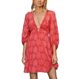 Anthropologie Plunge Mini Dress 16W Pink Jacquard Floral Flirty Boho Feminine - Picture 1 of 14