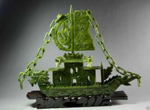 Chinese Natural jade Hand-carved Dragon Boat Statues yifanfengshun Rare - Picture 1 of 10