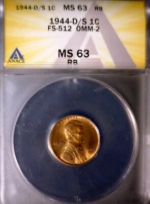 1944d/s ERROR ANACS MS63 OMM 2 Lincoln Cent D / S Cherry Pickers FS #512 BU Coin - Image 1 of 4