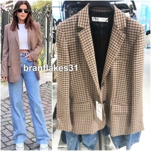 ZARA TAN CHECK OVERSIZED WOOL BLEND BLAZER JACKET SIZE S - Picture 1 of 12